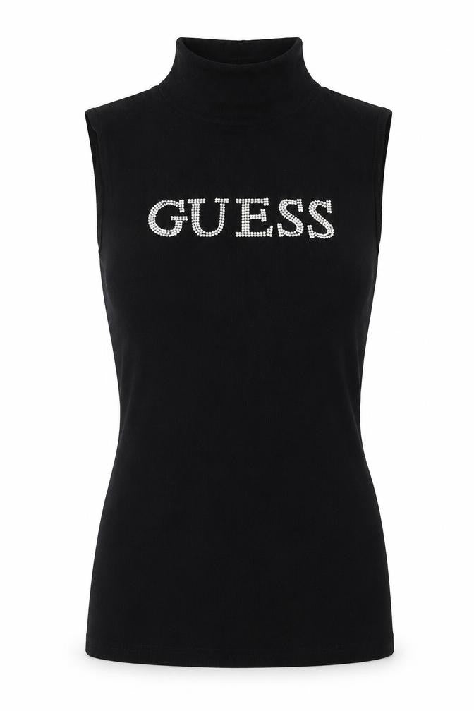 Guess Women’s Black S Rhinestone Logo Mock Neck Knit Tunic Tank Top
