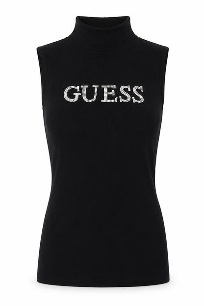 Guess Women’s Black S Rhinestone Logo Mock Neck Knit Tunic Tank Top
