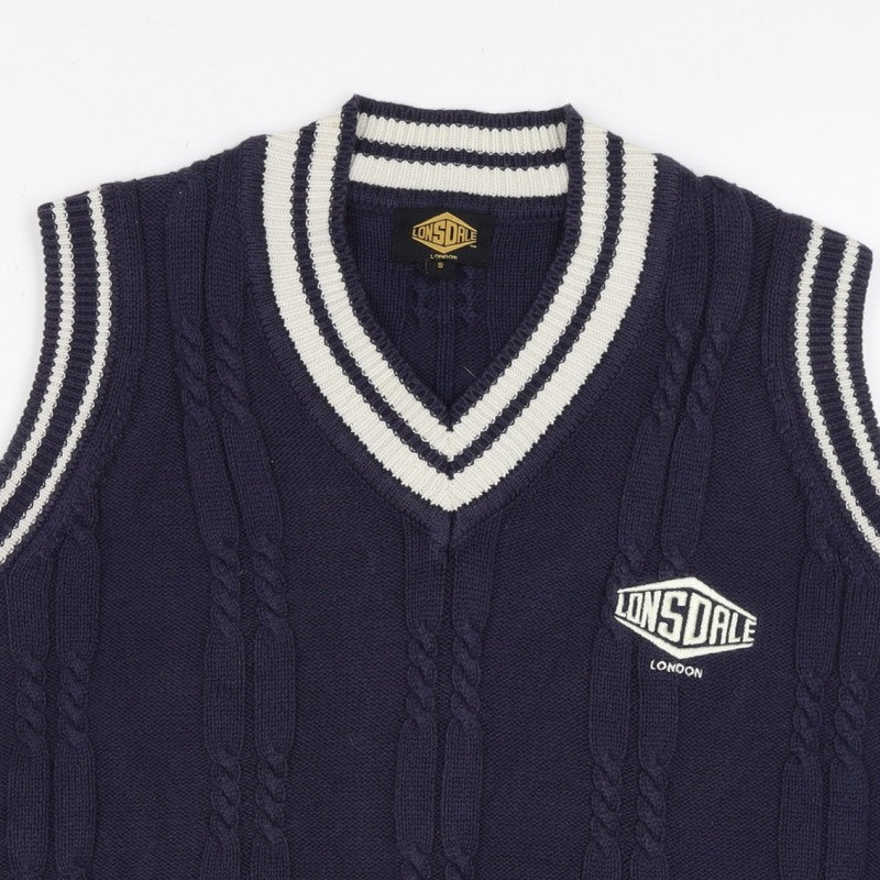 Lonsdale Men’s Navy S Cable Knit V-Neck Cricket Sweater Vest Logo