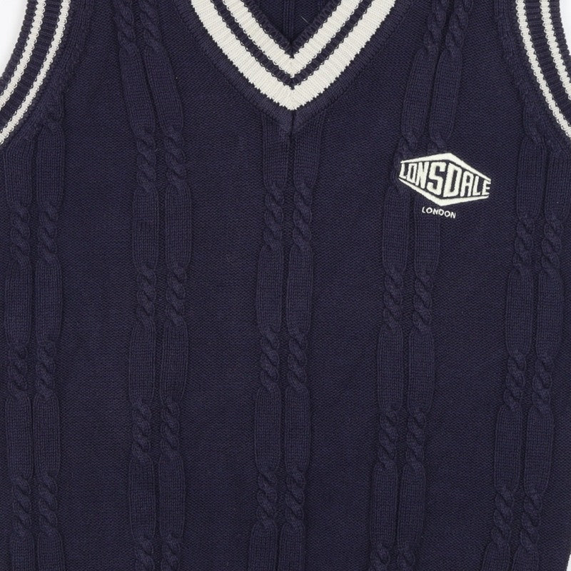 Lonsdale Men’s Navy S Cable Knit V-Neck Cricket Sweater Vest Logo