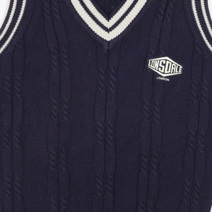 Lonsdale Men’s Navy S Cable Knit V-Neck Cricket Sweater Vest Logo