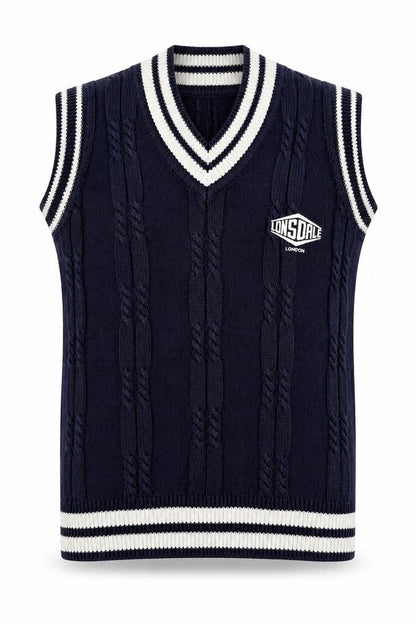 Lonsdale Men’s Navy S Cable Knit V-Neck Cricket Sweater Vest Logo