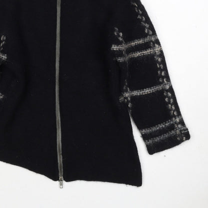 Firetrap Women Black M Full Zip High Neck Wool Blend Check Jumper