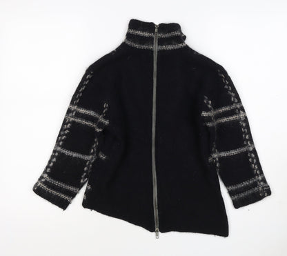 Firetrap Women Black M Full Zip High Neck Wool Blend Check Jumper
