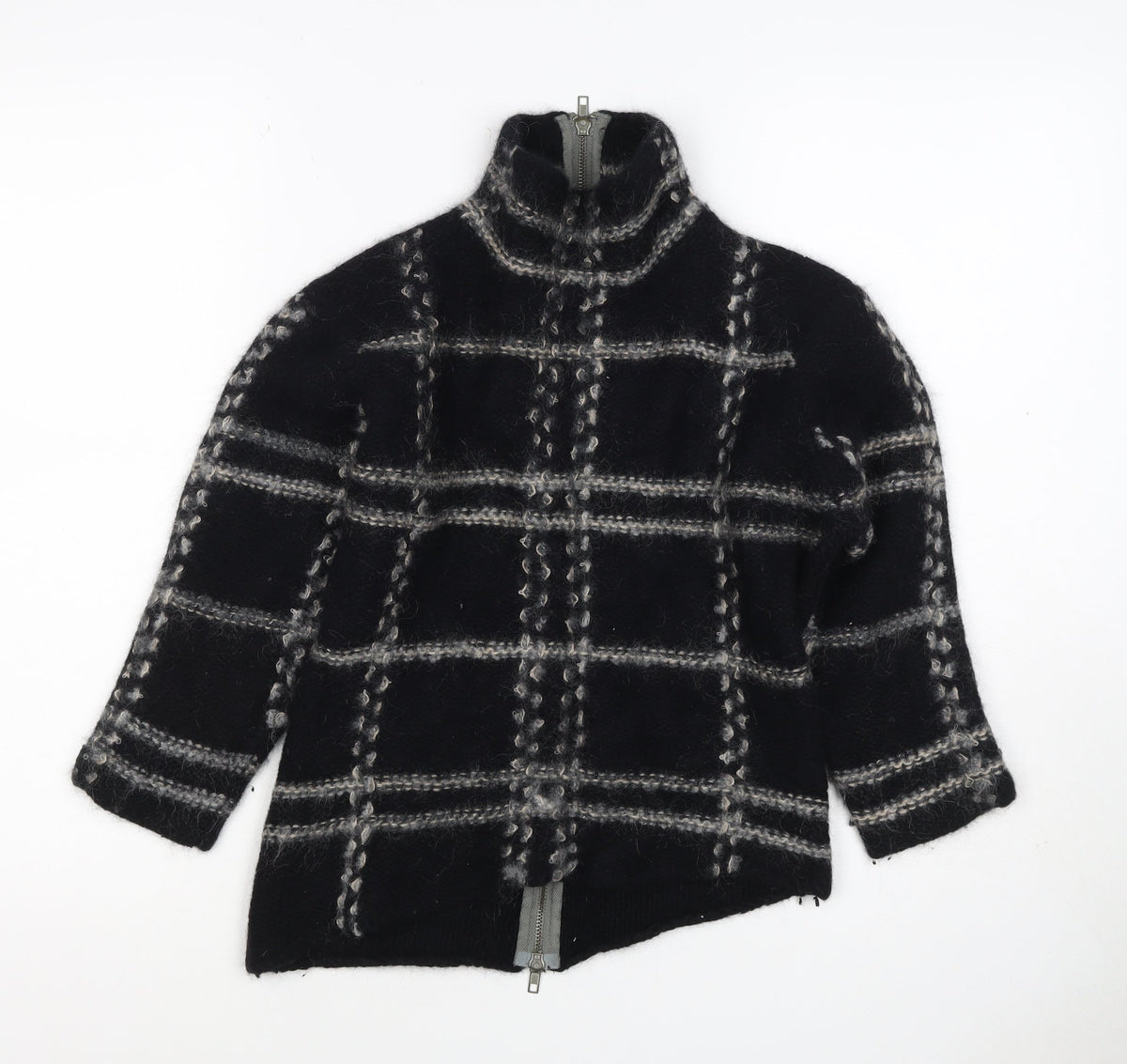 Firetrap Women Black M Full Zip High Neck Wool Blend Check Jumper