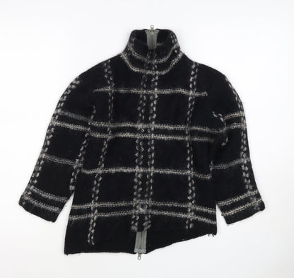 Firetrap Women Black M Full Zip High Neck Wool Blend Check Jumper