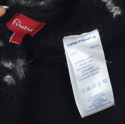 Firetrap Women Black M Full Zip High Neck Wool Blend Check Jumper