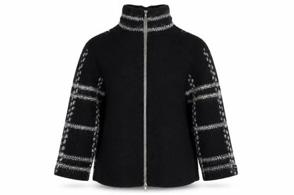 Firetrap Women Black M Full Zip High Neck Wool Blend Check Jumper