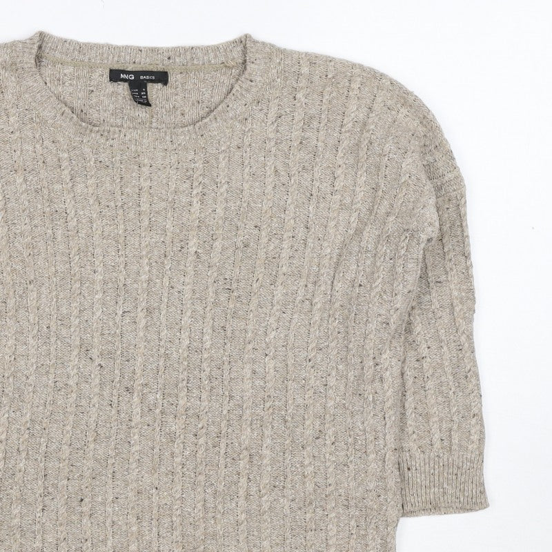 MNG Basics Women Beige XS Cable-Knit Button Shoulder Pullover Jumper