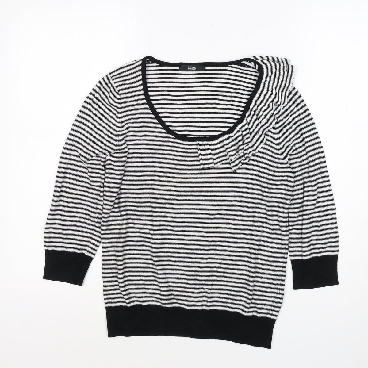 Marks & Spencer Women Black White UK 12 Striped Ruffle Knit Jumper