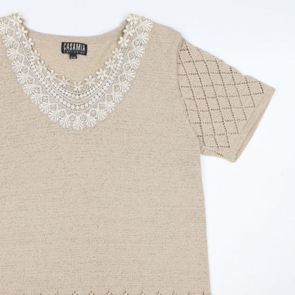 Casamia Women’s Beige S Knit Lace Scoop Neck Short Sleeve Jumper