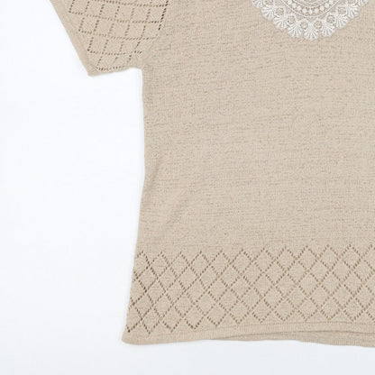 Casamia Women’s Beige S Knit Lace Scoop Neck Short Sleeve Jumper