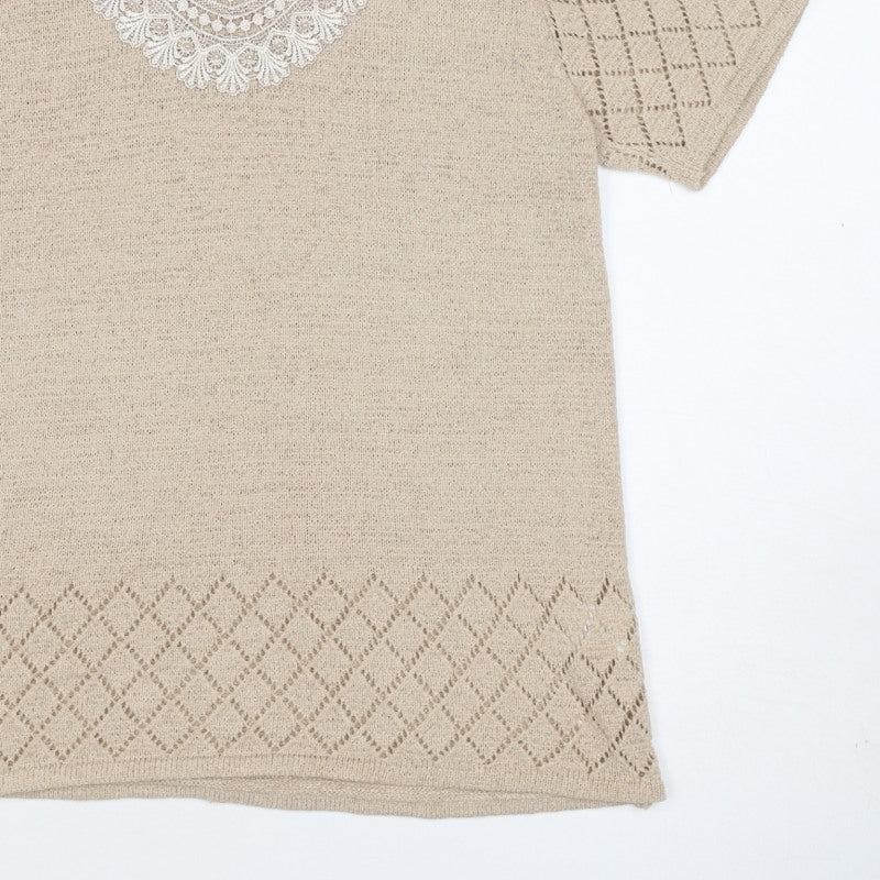 Casamia Women’s Beige S Knit Lace Scoop Neck Short Sleeve Jumper