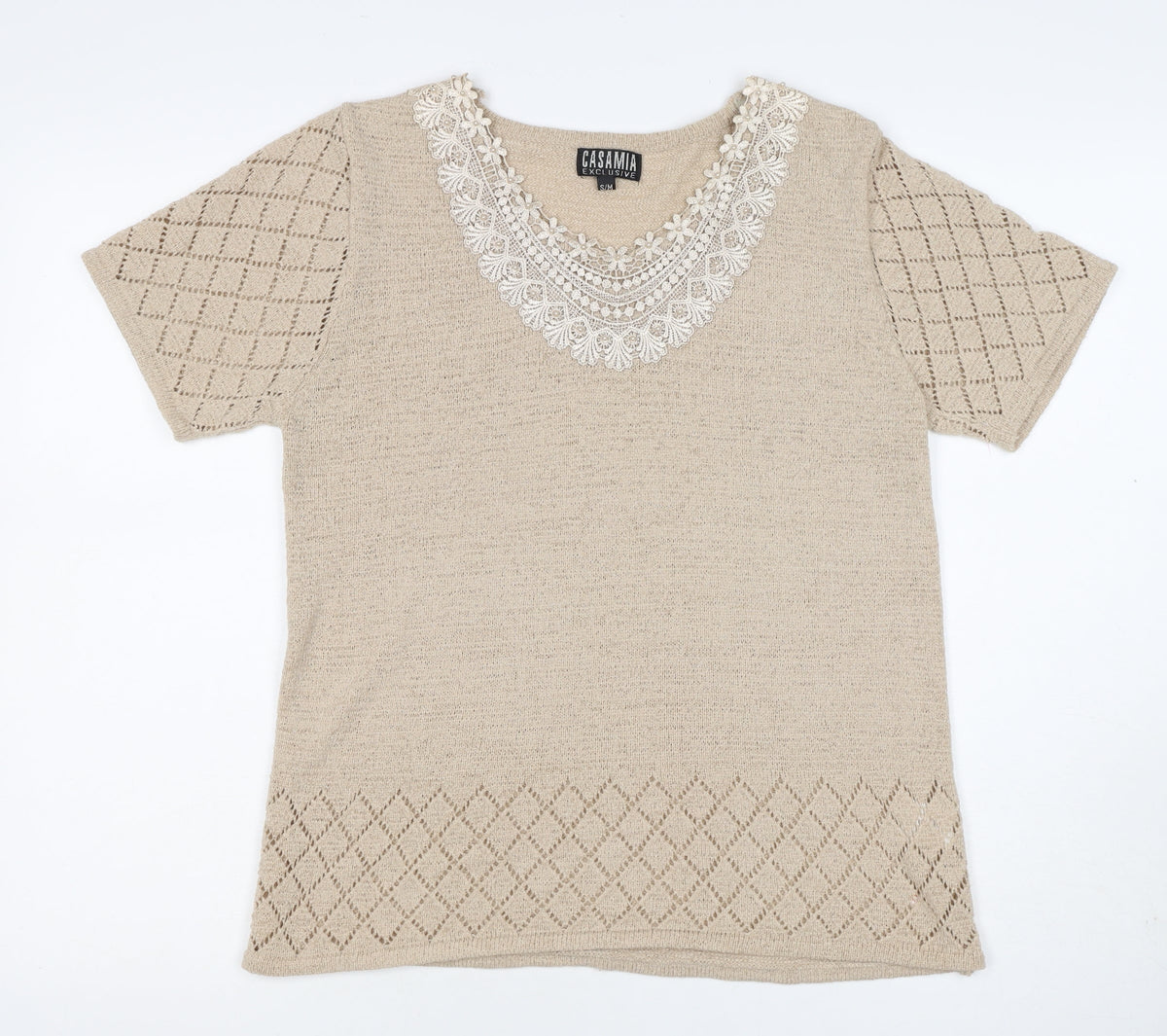 Casamia Women’s Beige S Knit Lace Scoop Neck Short Sleeve Jumper