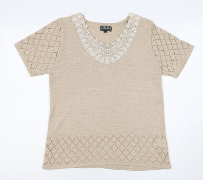 Casamia Women’s Beige S Knit Lace Scoop Neck Short Sleeve Jumper