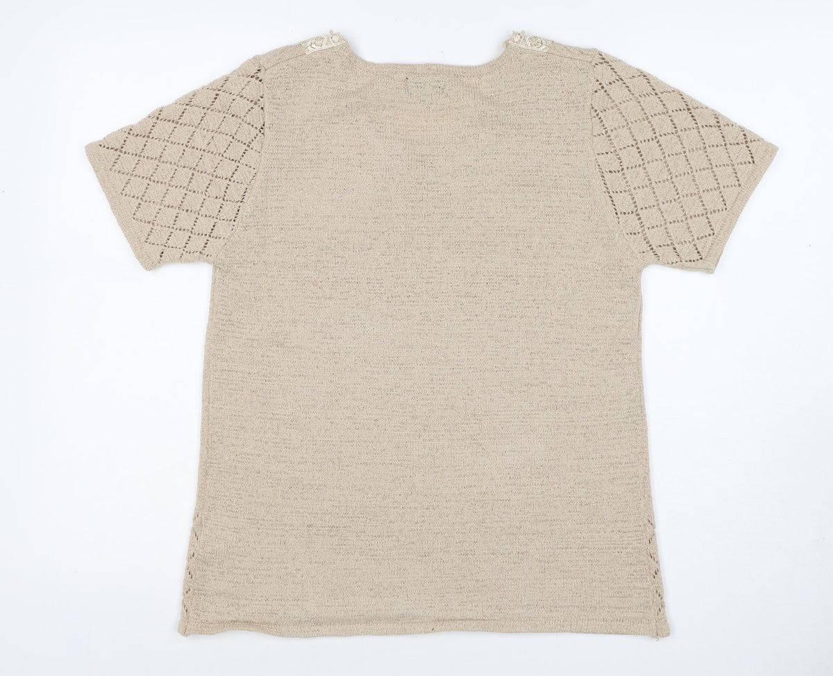Casamia Women’s Beige S Knit Lace Scoop Neck Short Sleeve Jumper