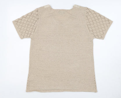 Casamia Women’s Beige S Knit Lace Scoop Neck Short Sleeve Jumper