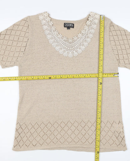 Casamia Women’s Beige S Knit Lace Scoop Neck Short Sleeve Jumper