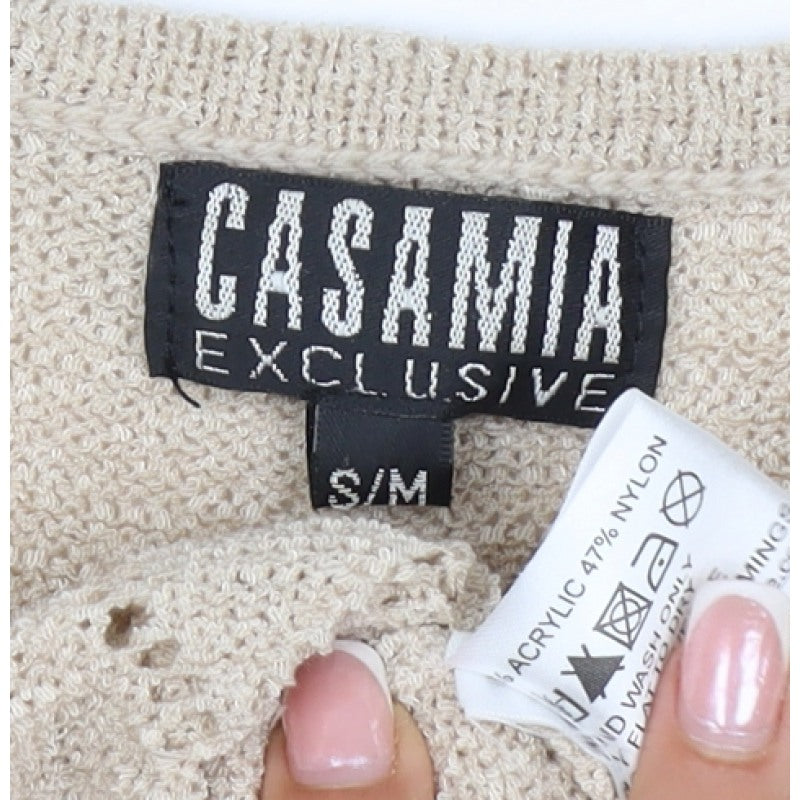 Casamia Women’s Beige S Knit Lace Scoop Neck Short Sleeve Jumper