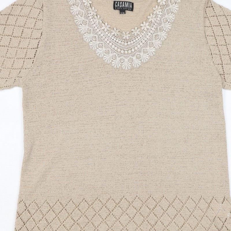Casamia Women’s Beige S Knit Lace Scoop Neck Short Sleeve Jumper