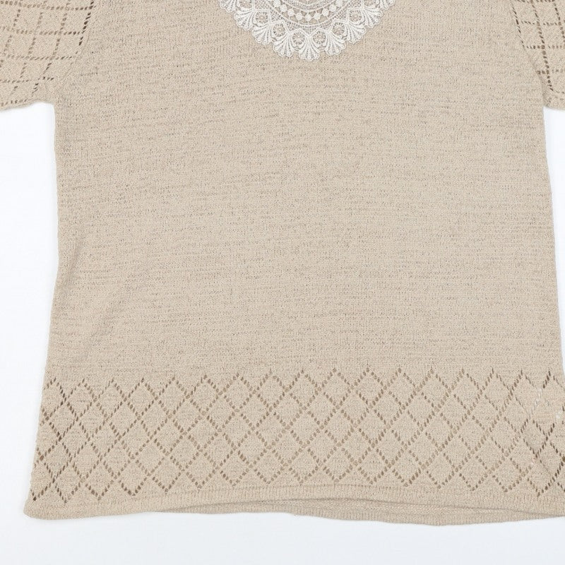 Casamia Women’s Beige S Knit Lace Scoop Neck Short Sleeve Jumper