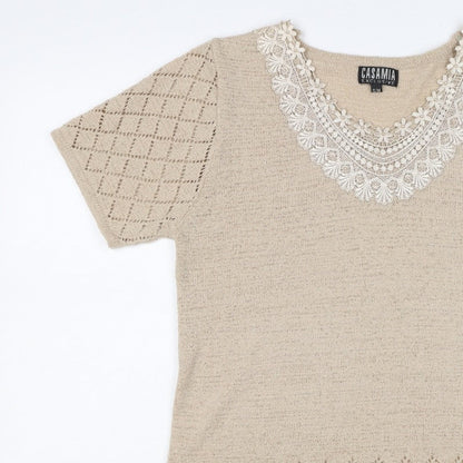 Casamia Women’s Beige S Knit Lace Scoop Neck Short Sleeve Jumper