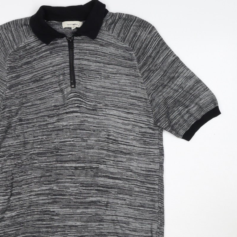 River Island Men’s Grey Striped Knit Zip Polo Shirt Size S