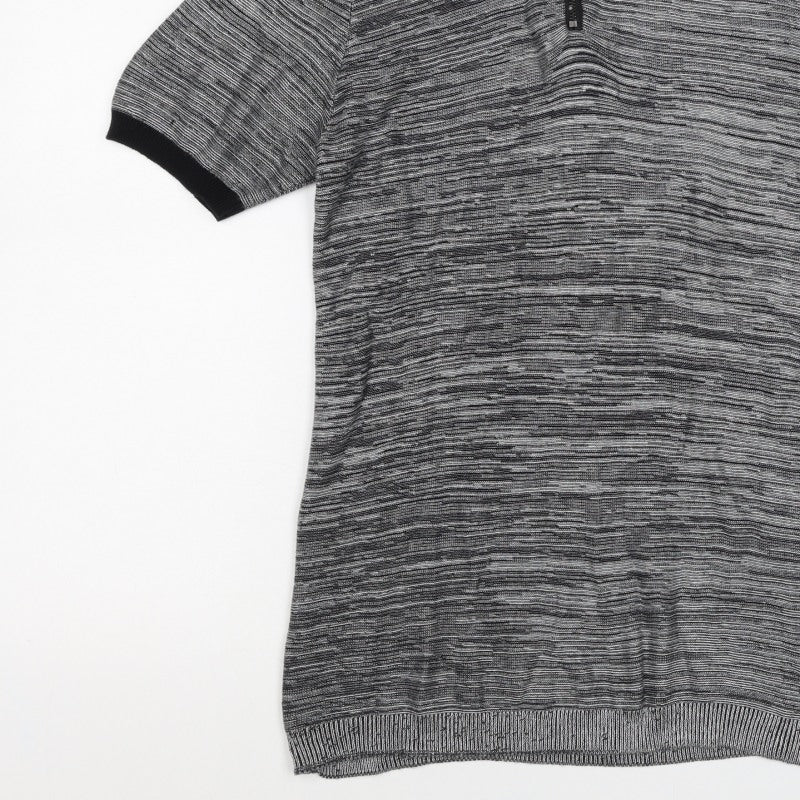 River Island Men’s Grey Striped Knit Zip Polo Shirt Size S