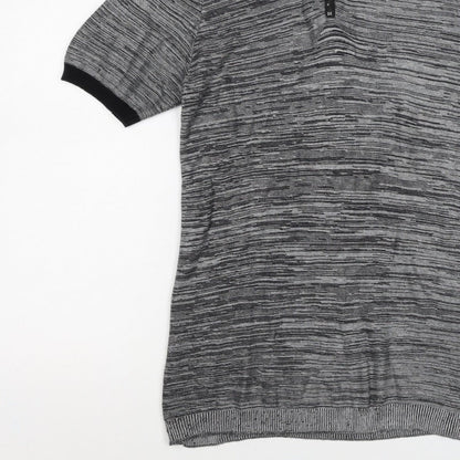 River Island Men’s Grey Striped Knit Zip Polo Shirt Size S