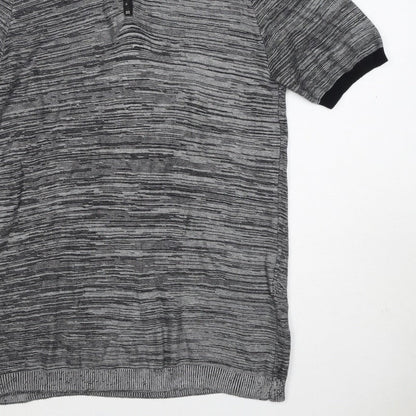 River Island Men’s Grey Striped Knit Zip Polo Shirt Size S