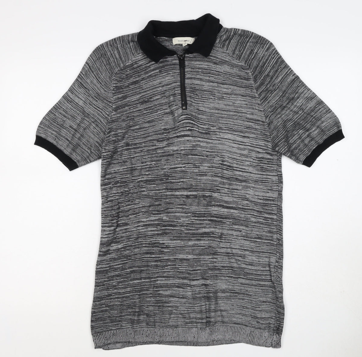 River Island Men’s Grey Striped Knit Zip Polo Shirt Size S