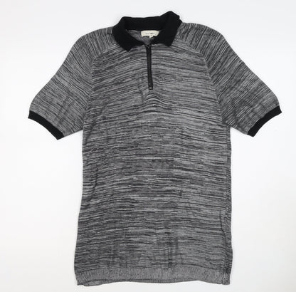 River Island Men’s Grey Striped Knit Zip Polo Shirt Size S