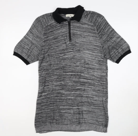 Back view of River Island Men’s Grey Striped Knit Zip Polo Shirt, size S