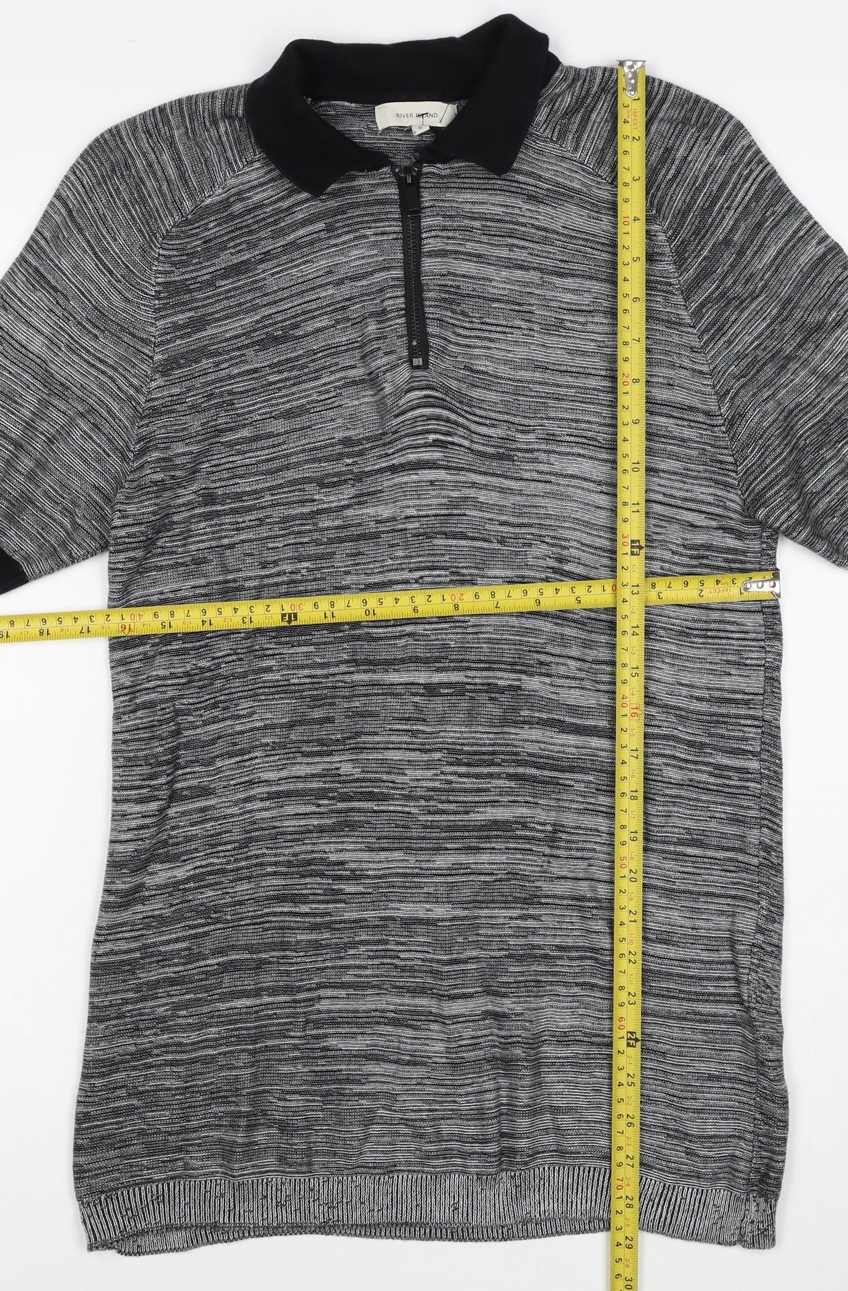 River Island Men’s Grey Striped Knit Zip Polo Shirt Size S