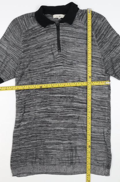 River Island Men’s Grey Striped Knit Zip Polo Shirt Size S