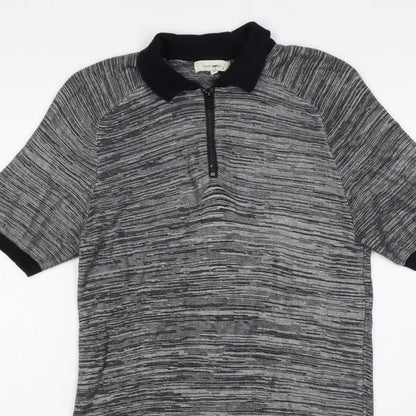 River Island Men’s Grey Striped Knit Zip Polo Shirt Size S