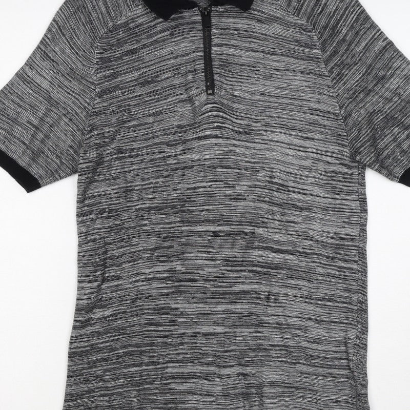 River Island Men’s Grey Striped Knit Zip Polo Shirt Size S