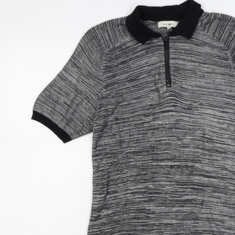 River Island Men’s Grey Striped Knit Zip Polo Shirt Size S