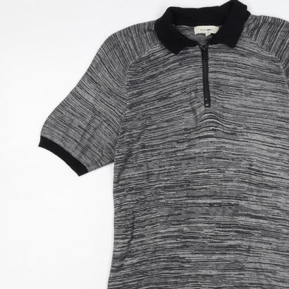 River Island Men’s Grey Striped Knit Zip Polo Shirt Size S