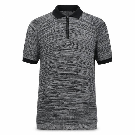 Front view of River Island Men’s Grey Striped Knit Zip Polo Shirt, size S