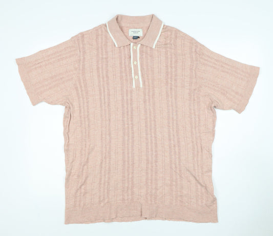 American Eagle Men's Pink 2XL Textured Striped Knit Polo Shirt