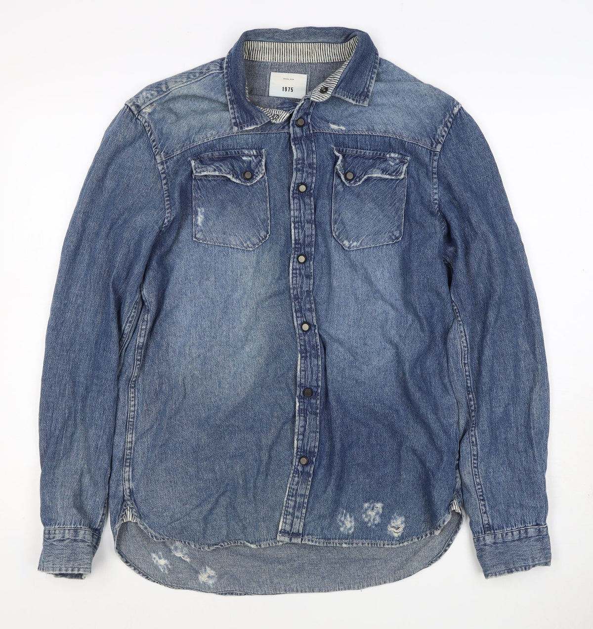 1975 Men’s Blue L Distressed Denim Western Snap Button-Up Shirt