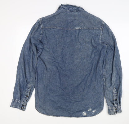 1975 Men’s Blue L Distressed Denim Western Snap Button-Up Shirt