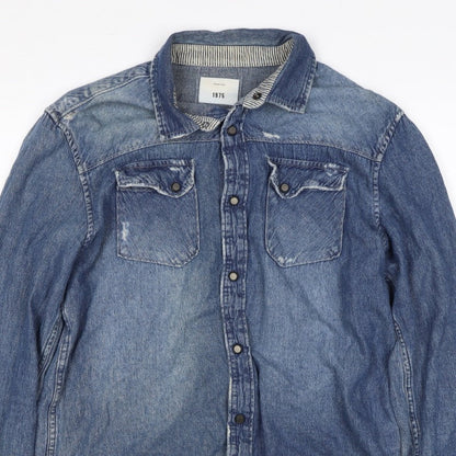 1975 Men’s Blue L Distressed Denim Western Snap Button-Up Shirt