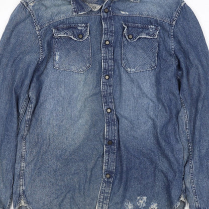 1975 Men’s Blue L Distressed Denim Western Snap Button-Up Shirt