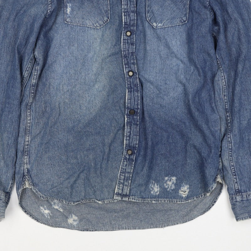 1975 Men’s Blue L Distressed Denim Western Snap Button-Up Shirt