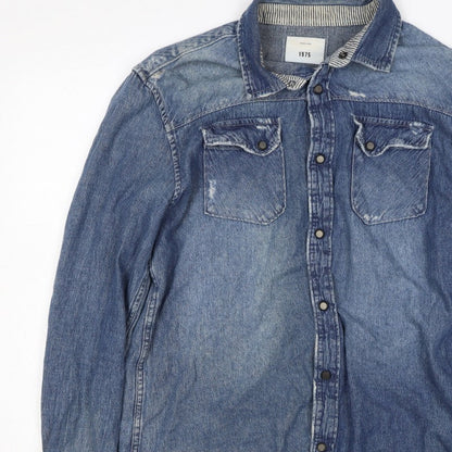 1975 Men’s Blue L Distressed Denim Western Snap Button-Up Shirt