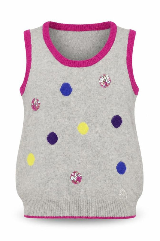 Front view of JJ Jeans girls’ grey polka dot sequin lambswool angora vest age 11