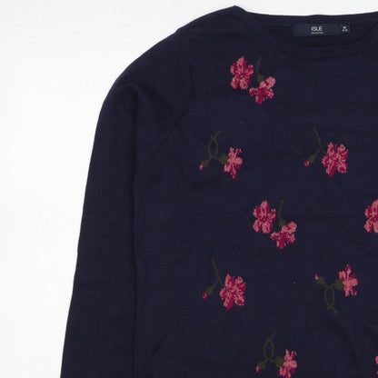 Isle Collection Women’s Blue Floral Glitter Knit Jumper UK 14 Pullover