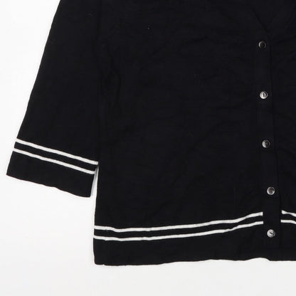 Viyella Women Black L V-Neck 3/4 Sleeve Striped Trim Cardigan